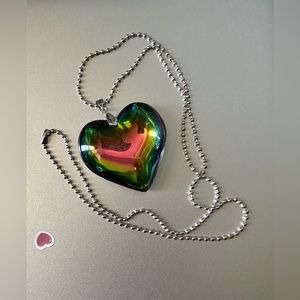 Crystal Glass Multicolor Heart Charm Pendant  Necklace Big 43mm 3D 60cm Chain